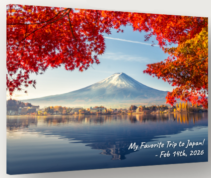 Real custom canvas — Mt. Fuji travel photo turned into wall art with custom date text