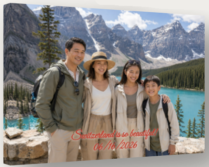 Real custom canvas — family at Moraine Lake with custom script 'Grandeur in Family'