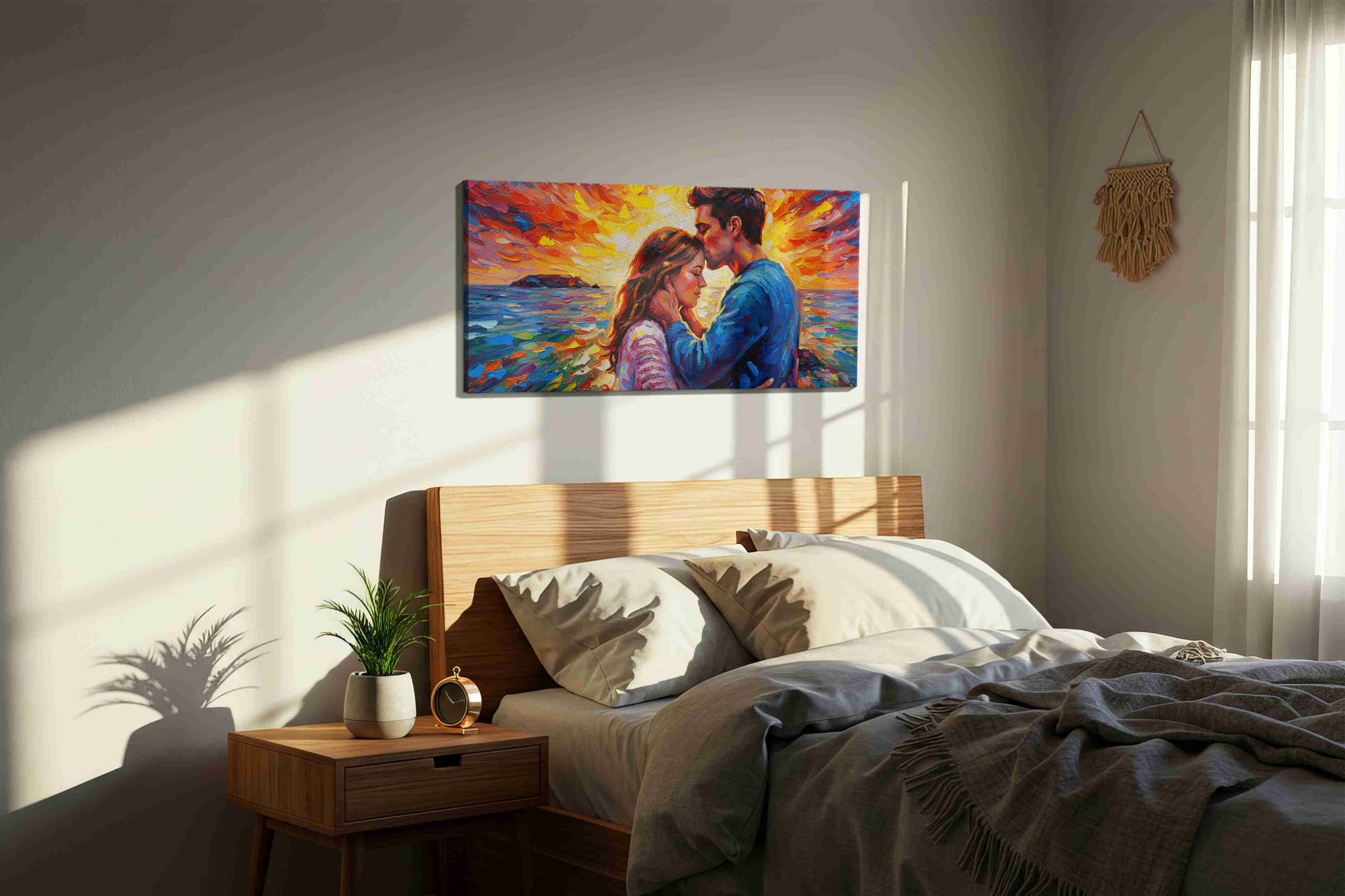 Romance canvas wall art sized for a bedroom — illustrating the room-by-room sizing rules of the AirX size guide