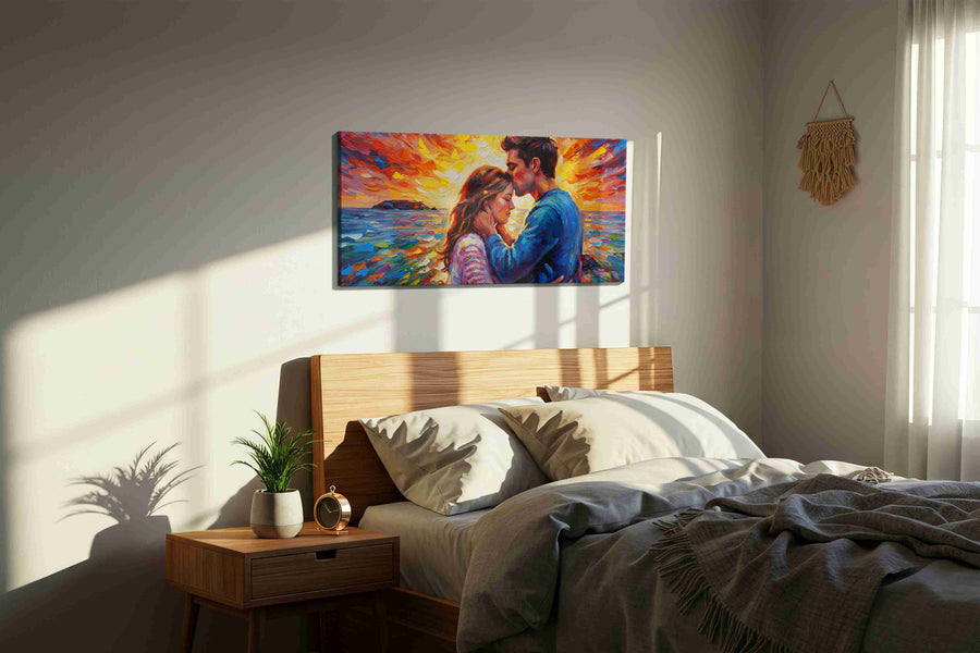 Romance canvas wall art sized for a bedroom — illustrating the room-by-room sizing rules of the AirX size guide
