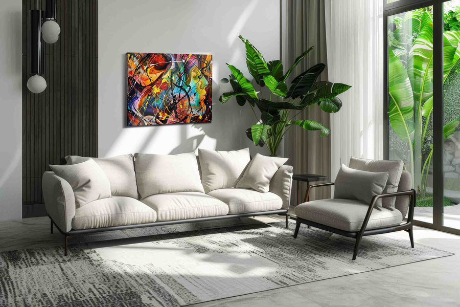 Modern canvas wall art shown hanging in a contemporary interior at museum-standard 57-60 inch eye level