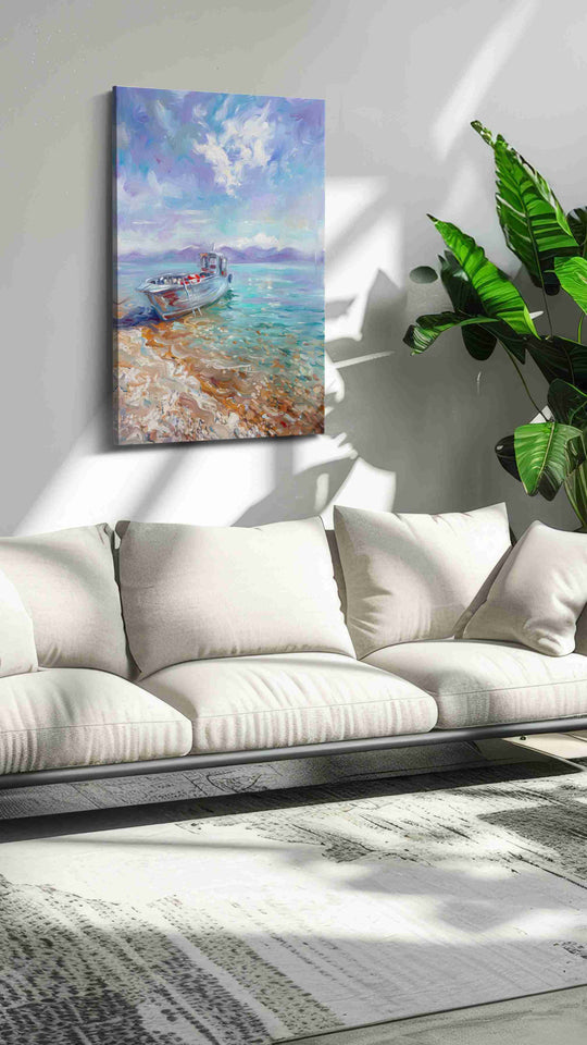 Coastal beach canvas wall art hung in a bright living room
