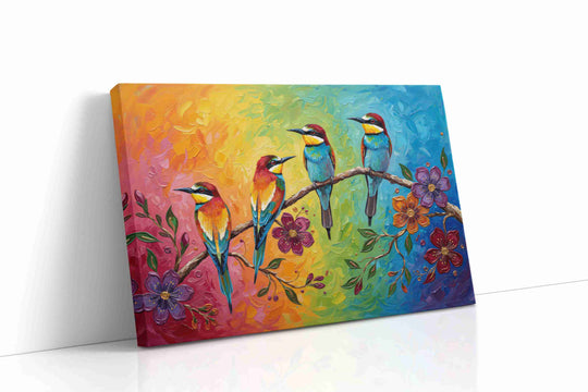 Bird canvas wall art collection — gallery-wrapped prints of vivid songbirds, flocks, and exotic species ready to hang