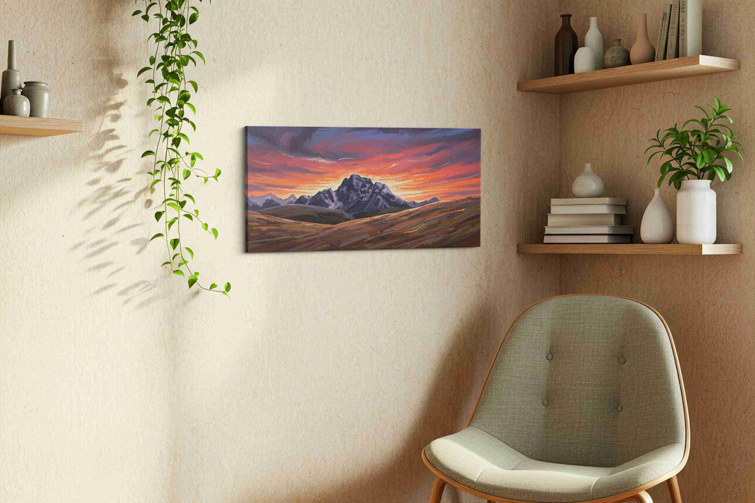 Large mountain landscape canvas hung above a living room sofa