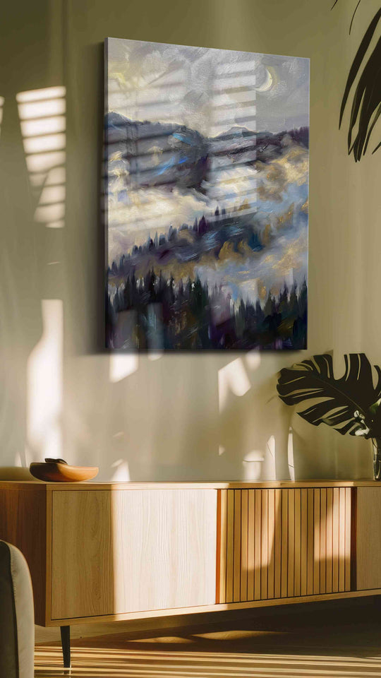 Misty mountain landscape canvas hung in a contemporary living room