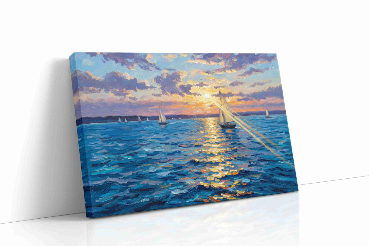 Ocean canvas wall art collection — gallery-wrapped prints of seascapes, sailing ships, and dramatic ocean horizons ready to hang