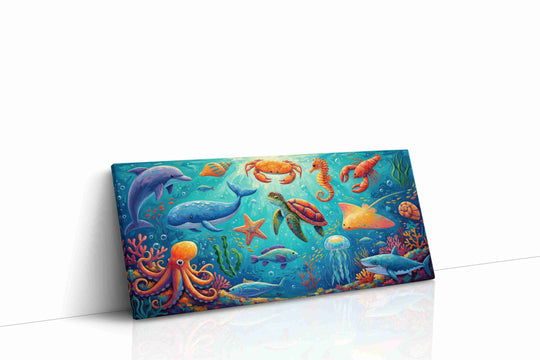 Sealife canvas wall art collection — gallery-wrapped prints of dolphins, whales, coral reefs, and underwater scenes ready to hang