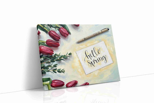 Spring canvas wall art collection — gallery-wrapped prints of cherry blossoms, tulips, and fresh meadows celebrating the season