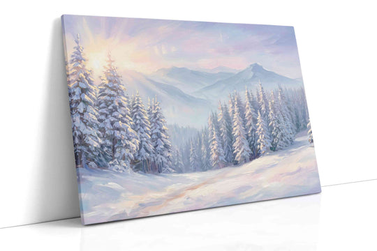 Winter canvas wall art collection — gallery-wrapped prints of snowy landscapes, frost-covered forests, and winter wonderlands