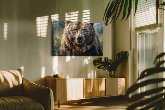 Bear portrait canvas wall art hung in a contemporary living room