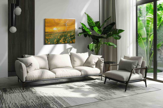 Sunflower field canvas wall art hung in a living room