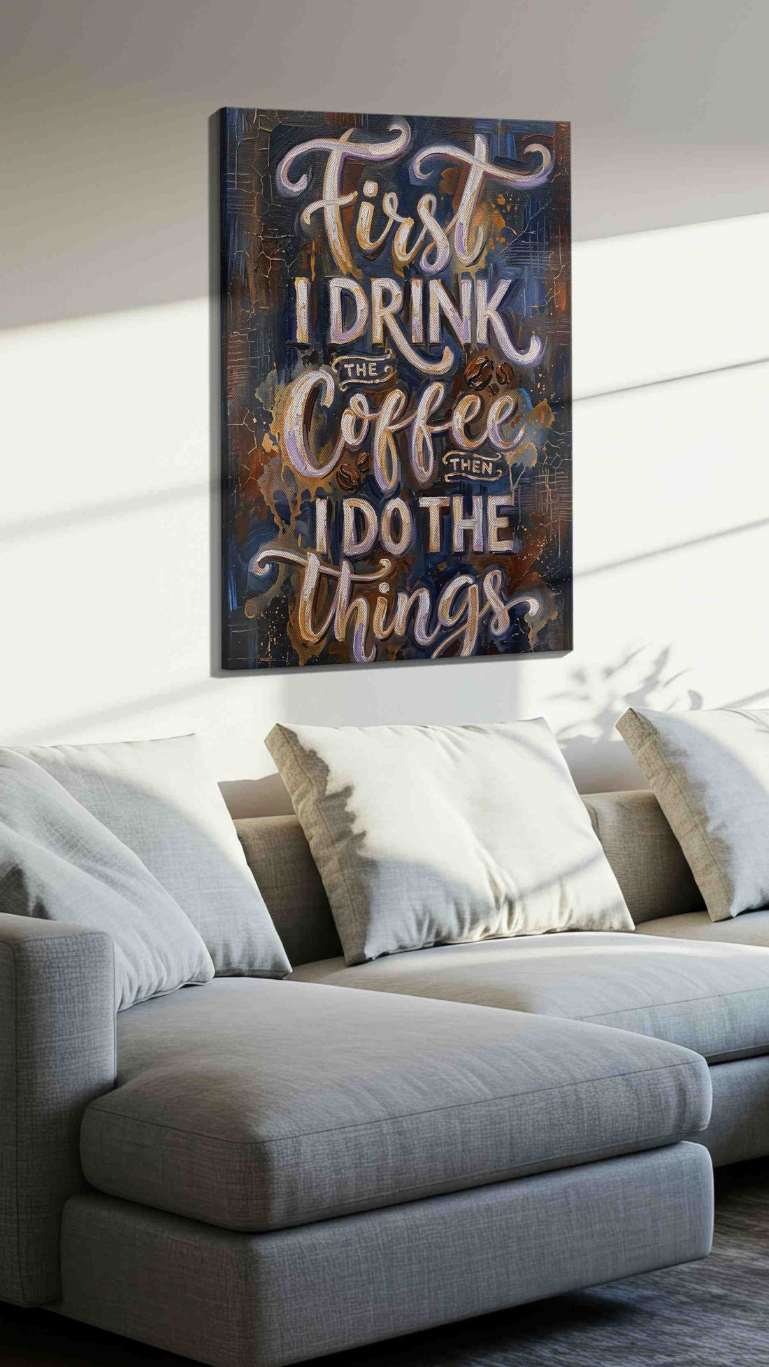 Typography canvas wall art with lettered quote hung in a living room