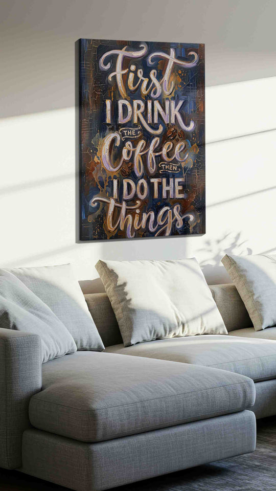 Typography canvas wall art with lettered quote hung in a living room