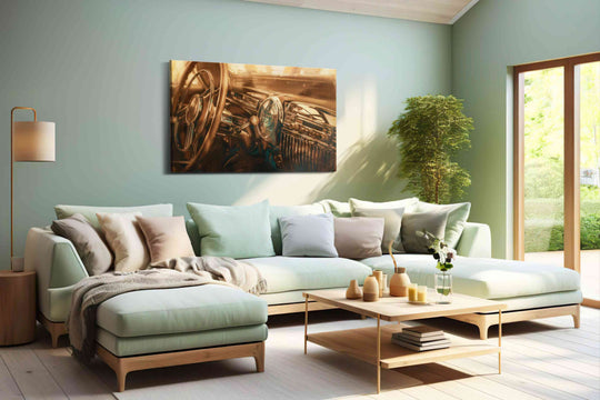 Vintage style classic car canvas wall art hung in a living room