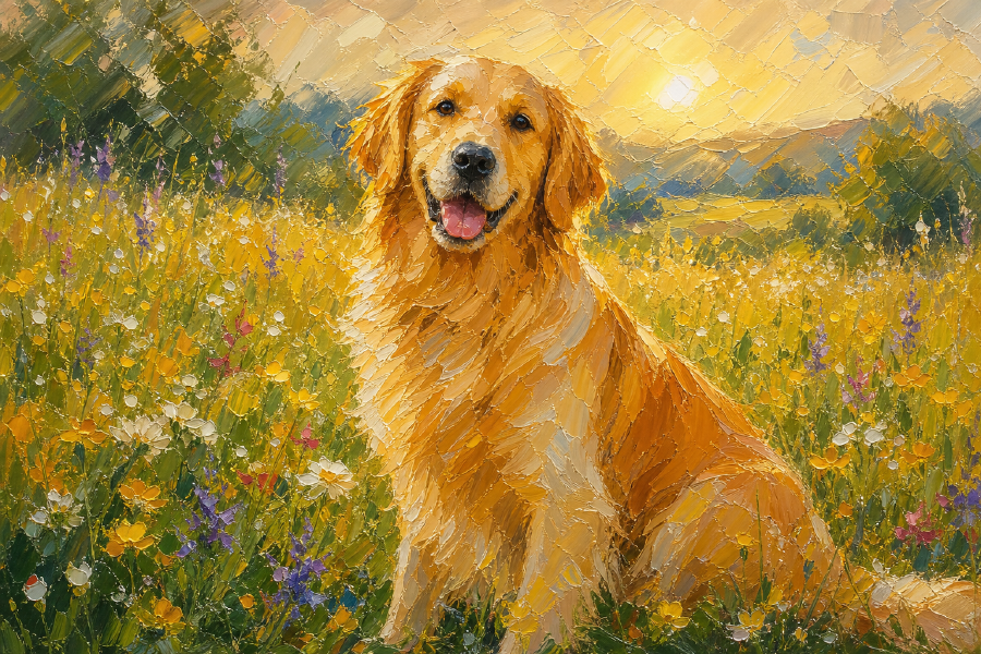 An impressionist oil painting of a golden retriever in a meadow, painted from a customer photo