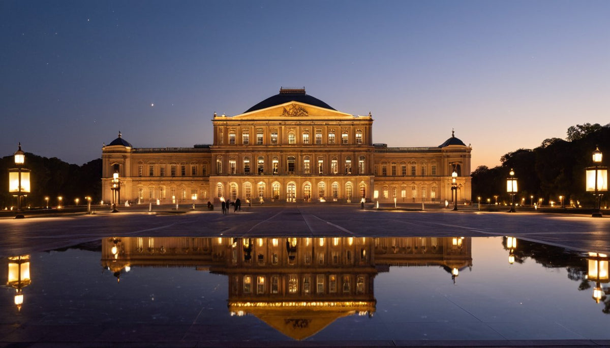 Grand museum palace at dusk with reflecting pool — the AirX Museum