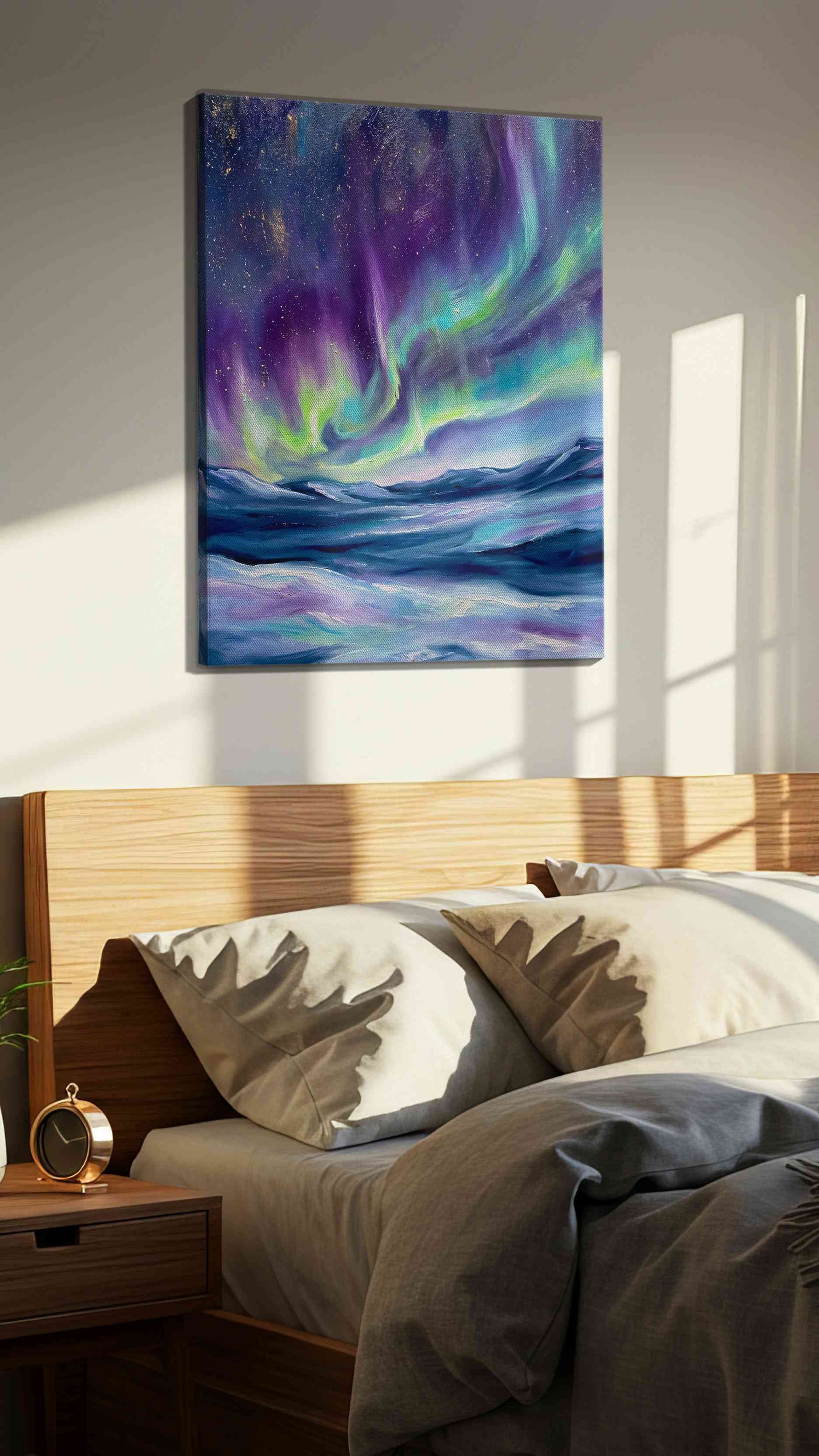 Aurora Symphony landscape canvas print, displayed in a bedroom