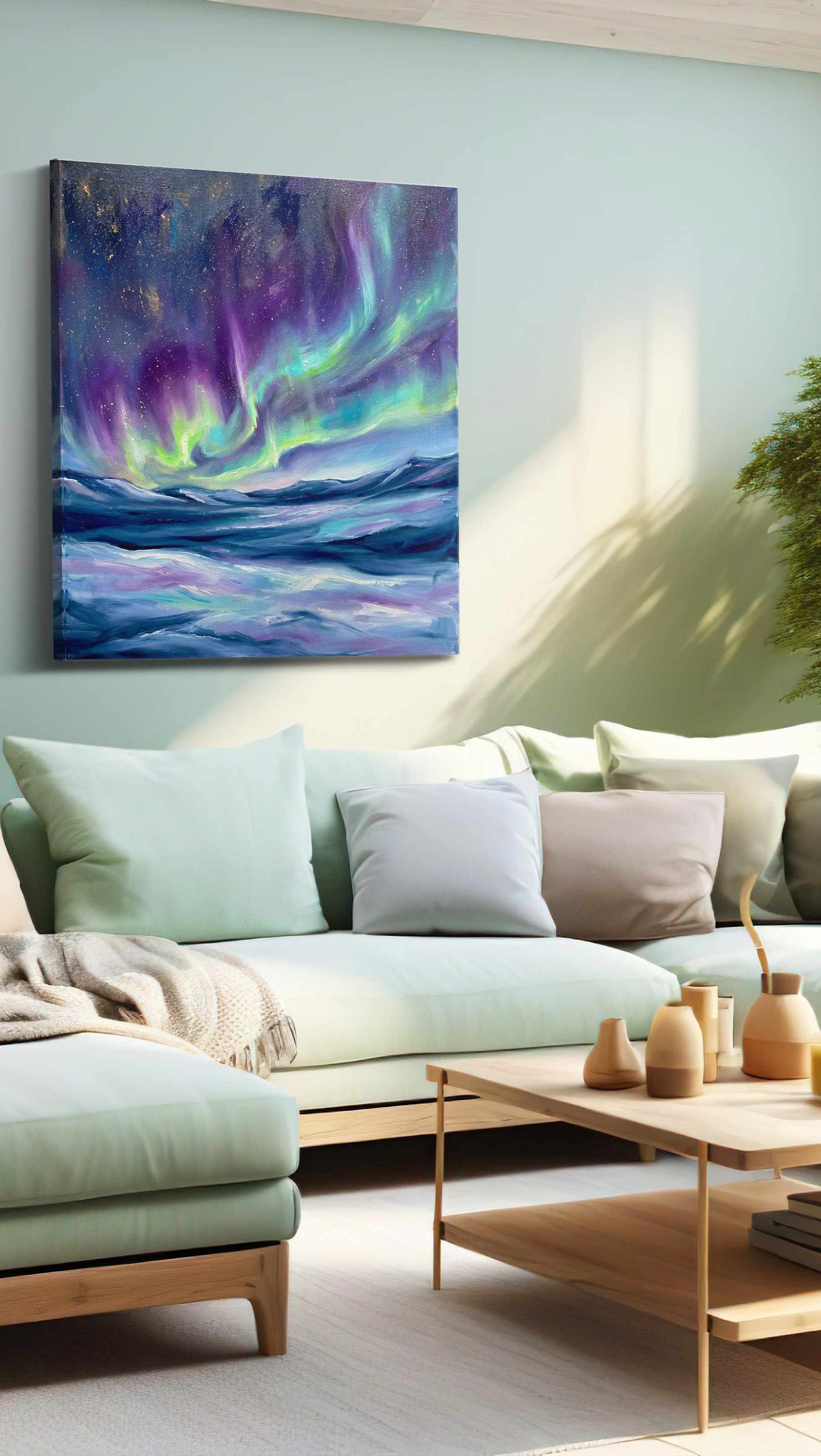 Aurora Symphony landscape canvas print, hanging on wall