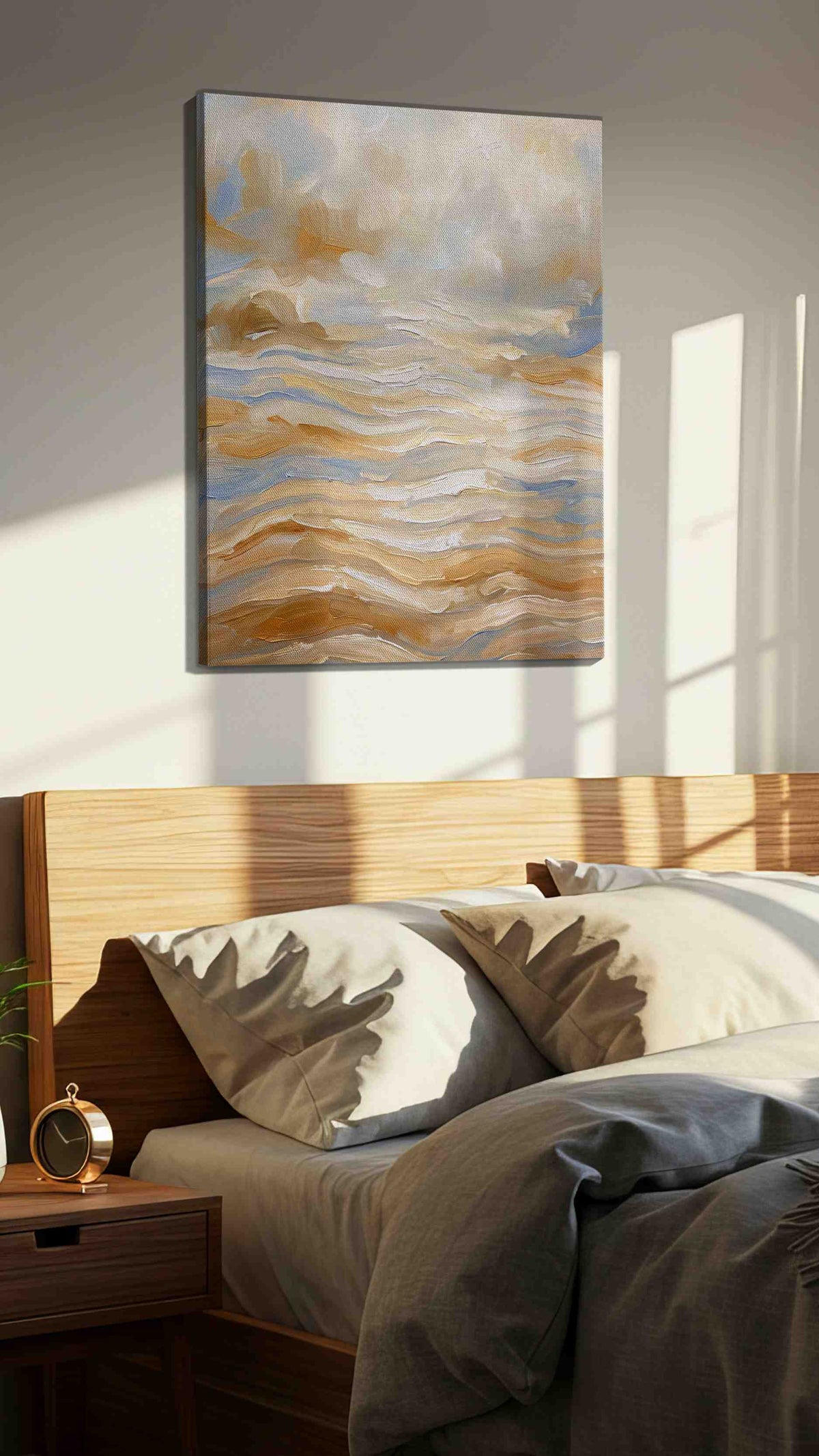 Golden Waves of Tranquility animals canvas print, displayed in a bedroom