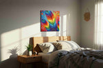 Radiant Flight of Colors birds canvas print, displayed in a bedroom