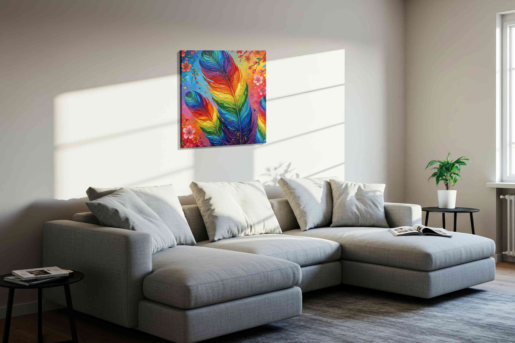 Radiant Flight of Colors birds canvas print in a living room scene