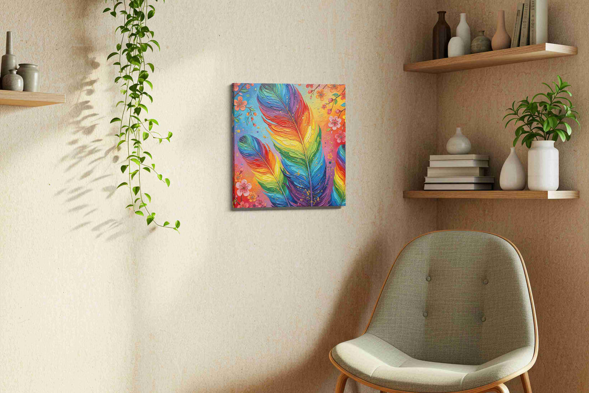 Radiant Flight of Colors birds canvas print, displayed in a living room