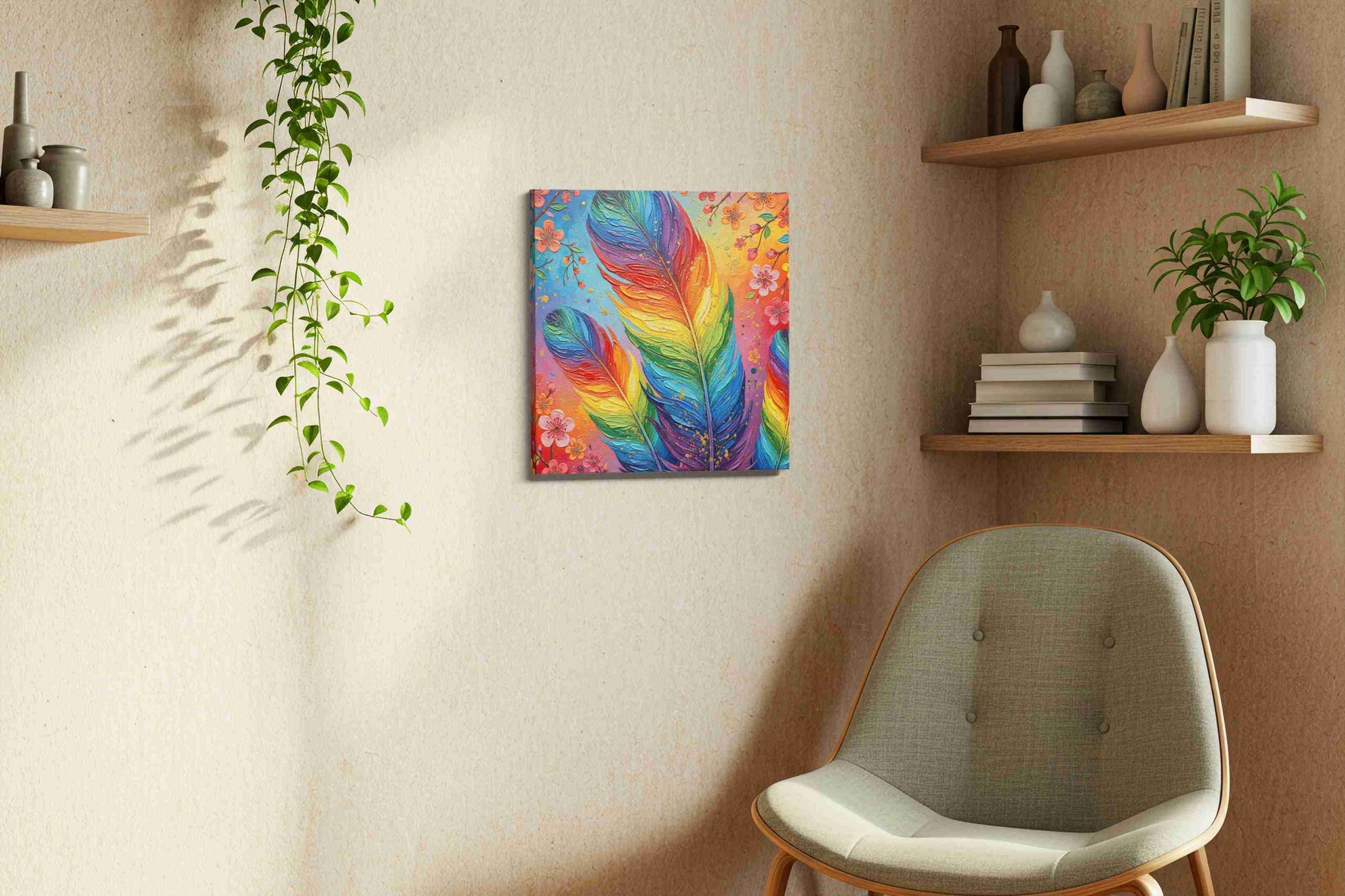 Radiant Flight of Colors birds canvas print, displayed in a living room