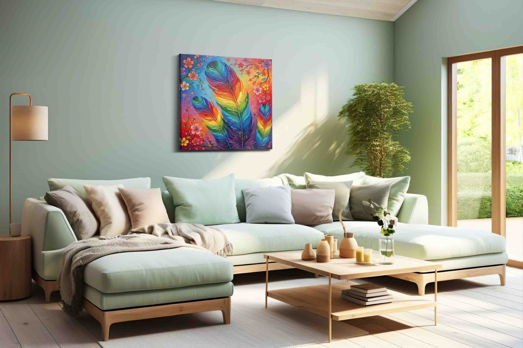 Radiant Flight of Colors birds canvas print, hanging on wall