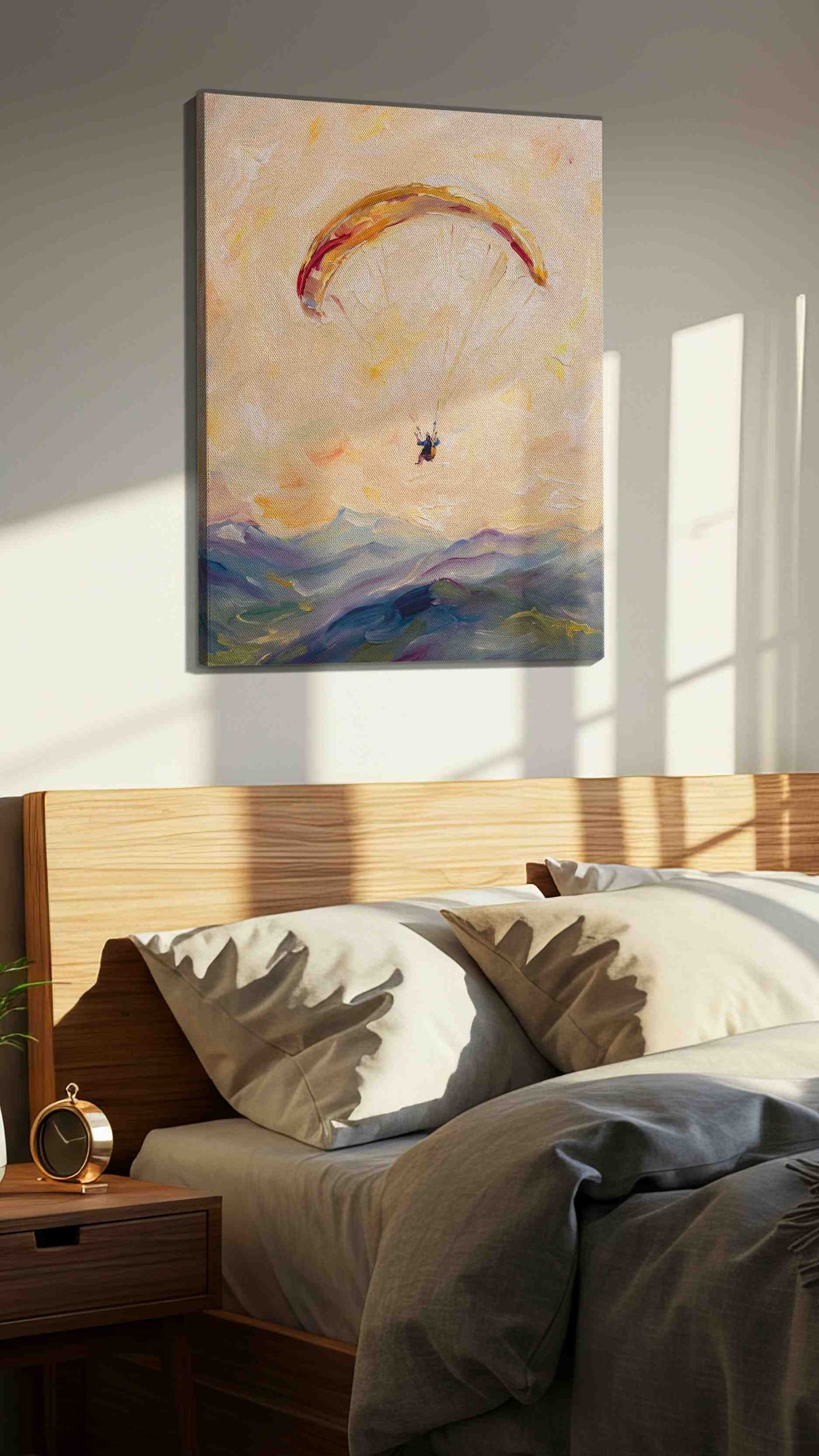 Soaring the Painted Skies landscape canvas print, displayed in a bedroom