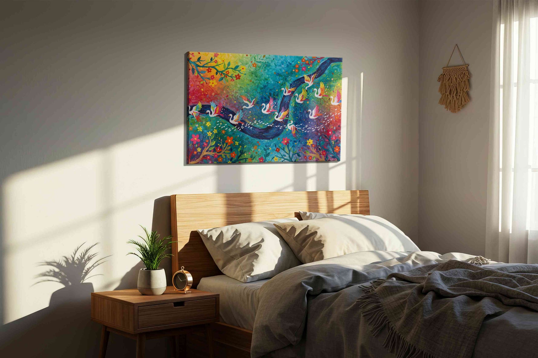 Swan Symphony in Color birds canvas print, displayed in a bedroom