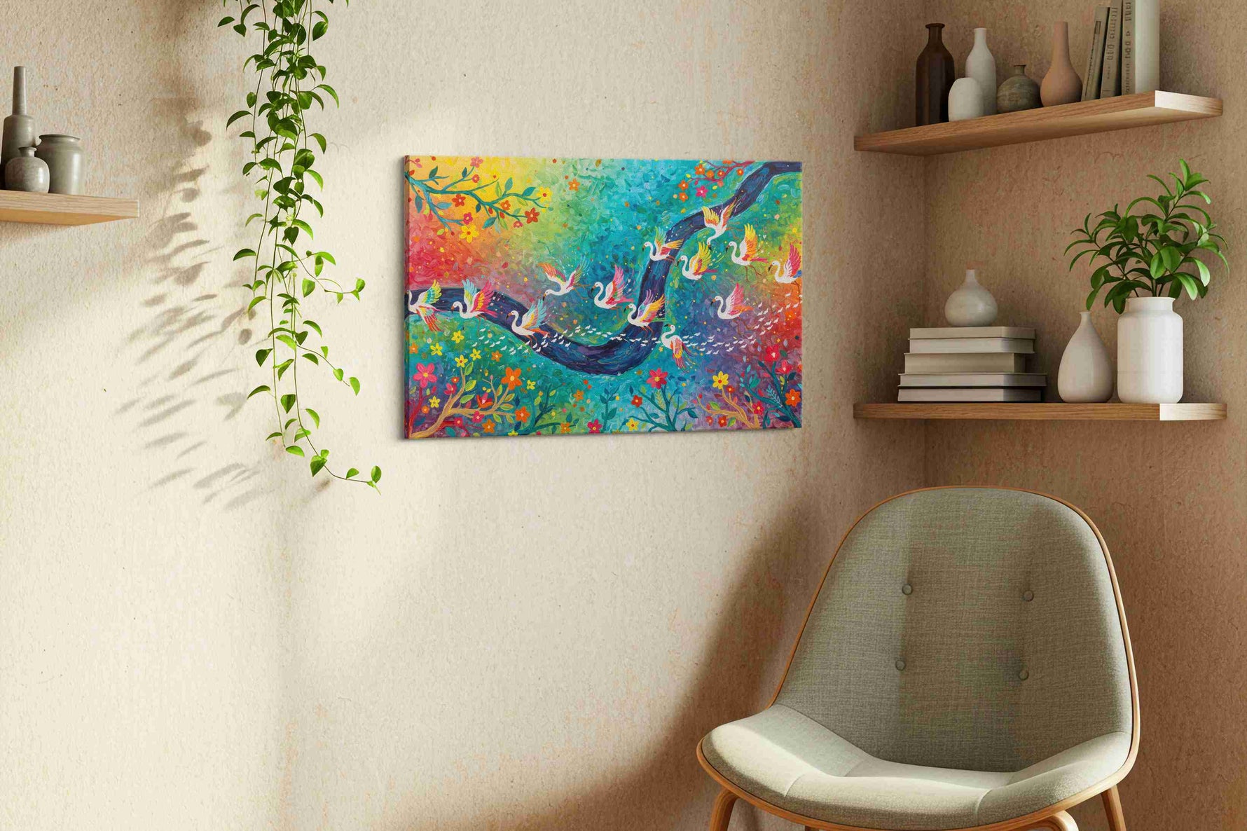 Swan Symphony in Color birds canvas print styled in a living room
