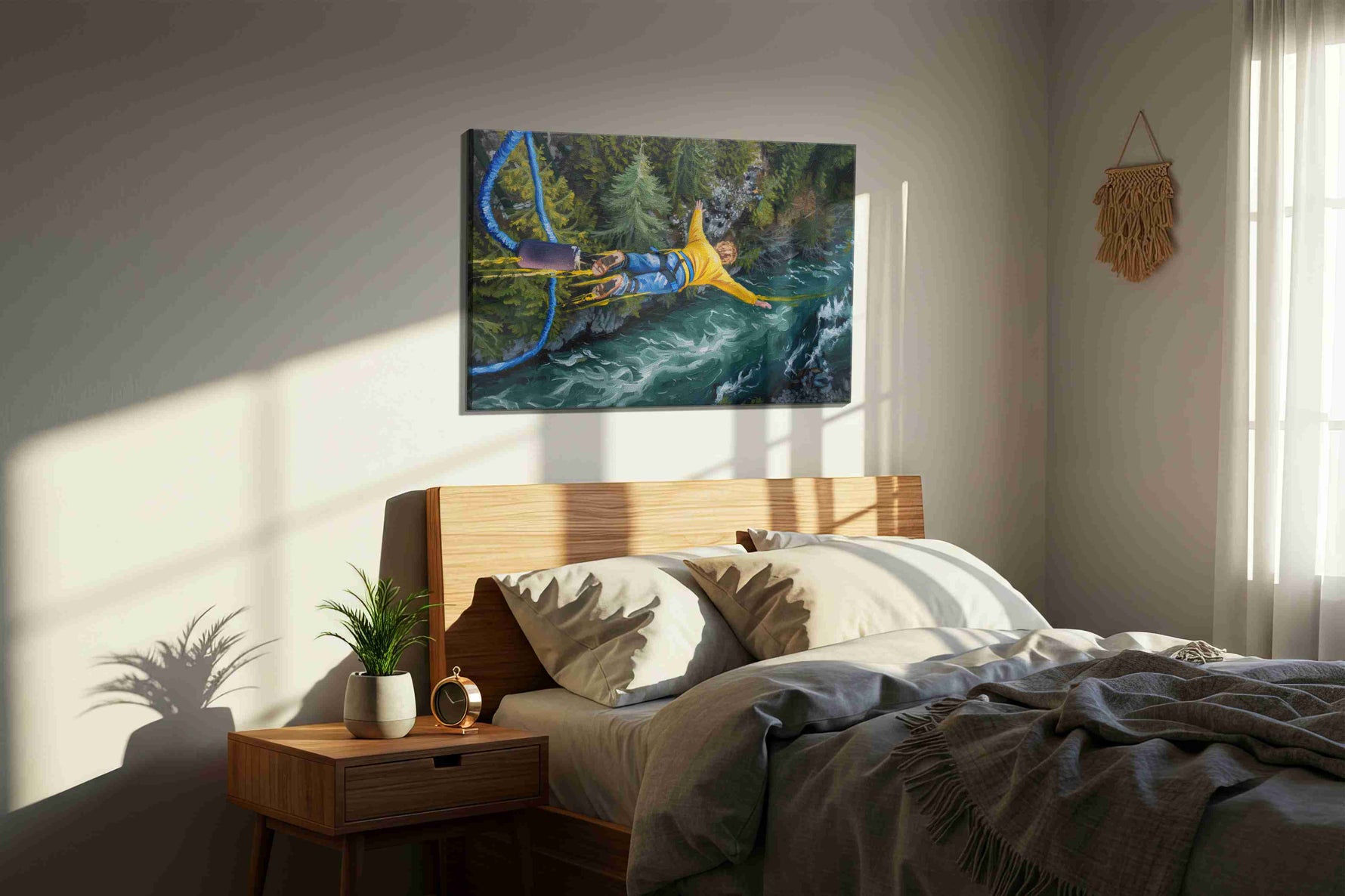 Leap into the Wilderness sports canvas print, displayed in a bedroom