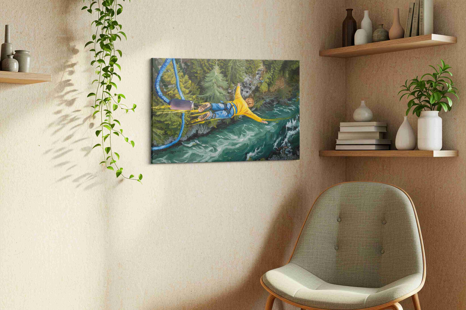 Leap into the Wilderness sports canvas print styled in a living room