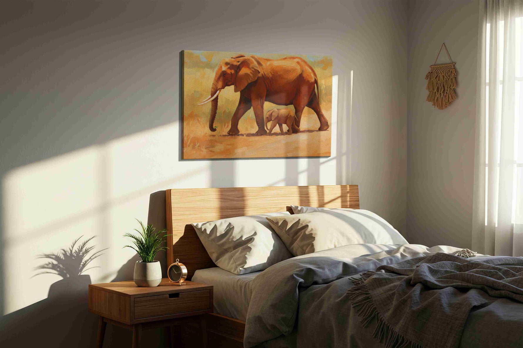 Echoes of the Savanna animals canvas print, displayed in a bedroom