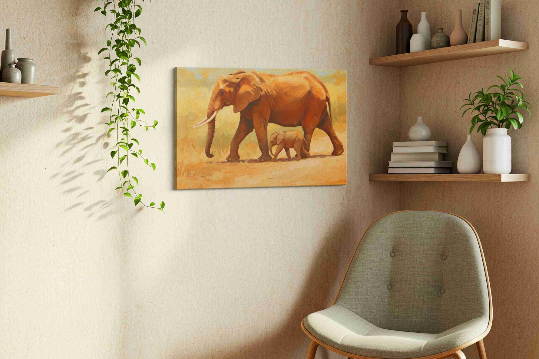 Echoes of the Savanna animals canvas print, displayed in a living room