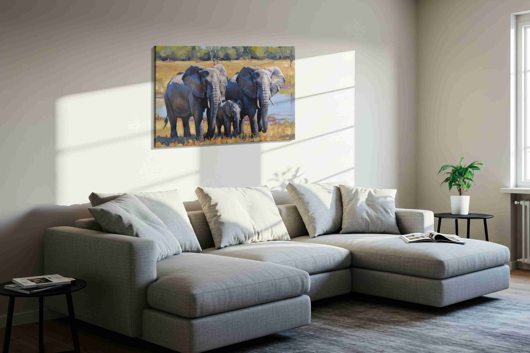 Elephant Serenade at Dusk animals canvas print, displayed in a living room