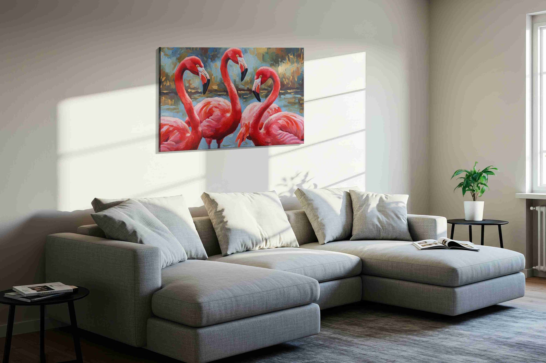 Flamingo Symphony animals canvas print in a living room scene