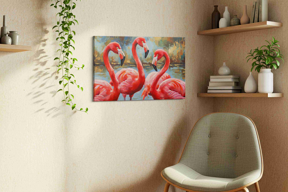 Flamingo Symphony animals canvas print, displayed in a living room
