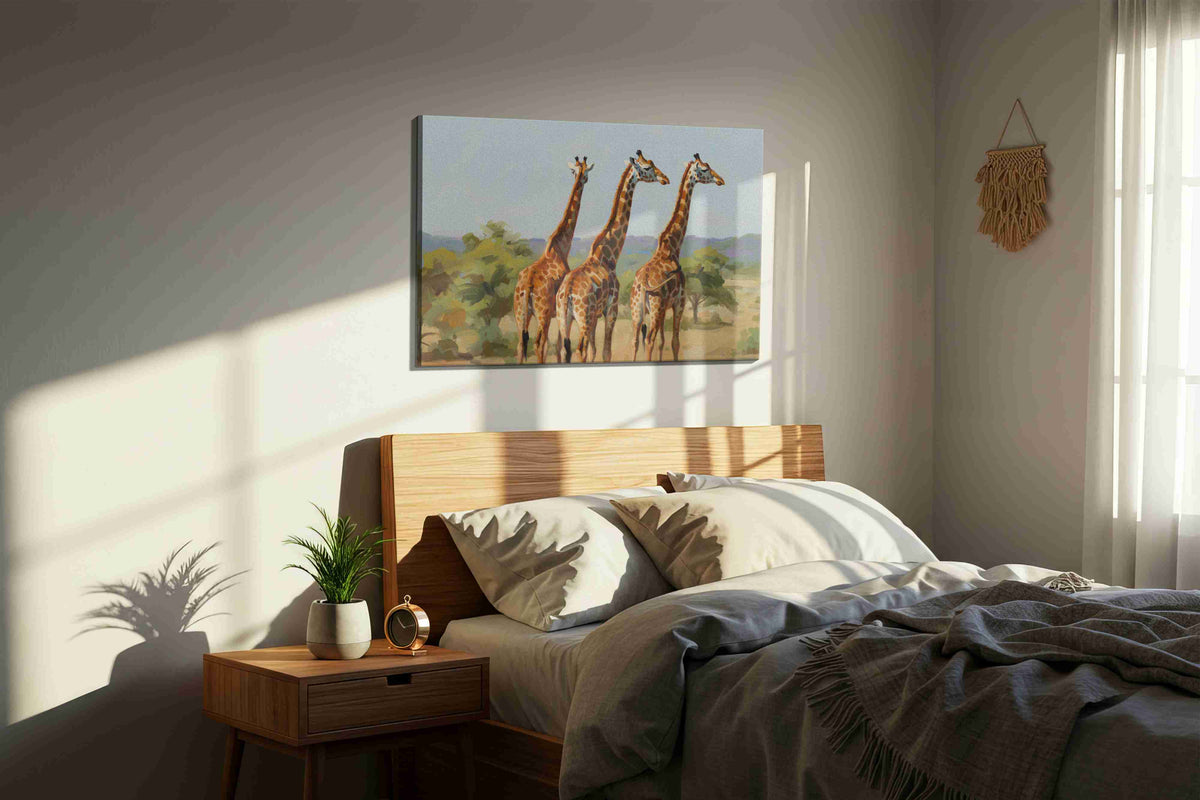 Giraffes' Graceful Watch animals canvas print, displayed in a bedroom