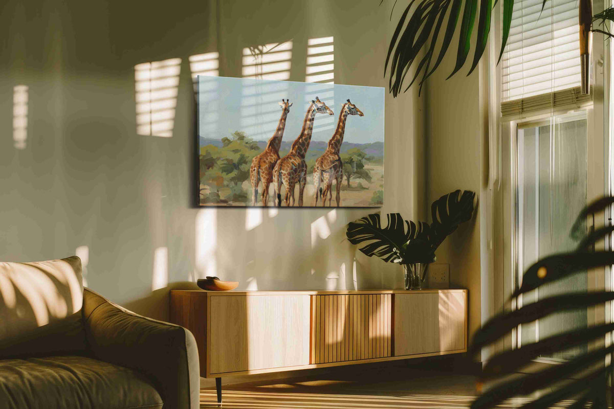 Giraffes' Graceful Watch animals canvas print in a hung canvas mockup