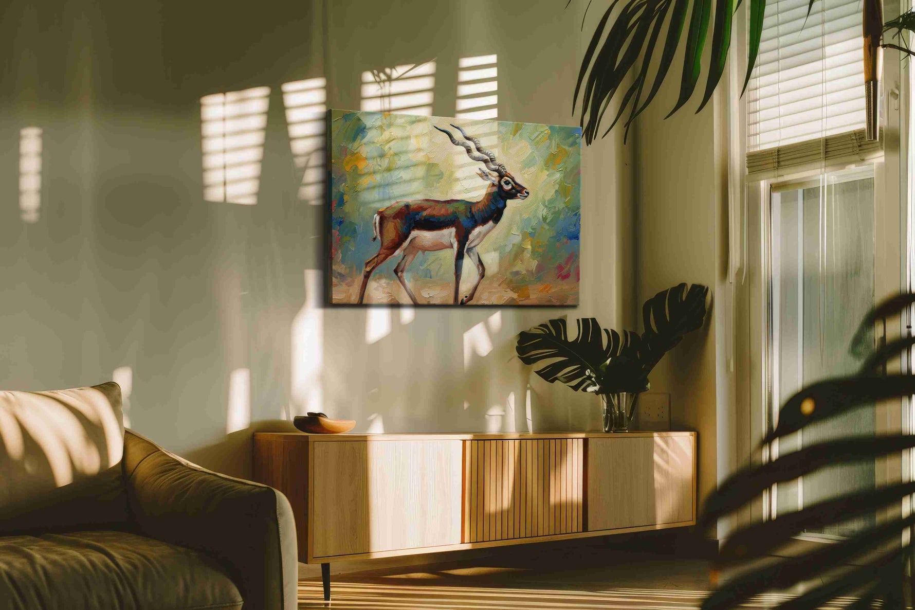 Graceful Prance of the Antelope animals canvas print, displayed in a living room