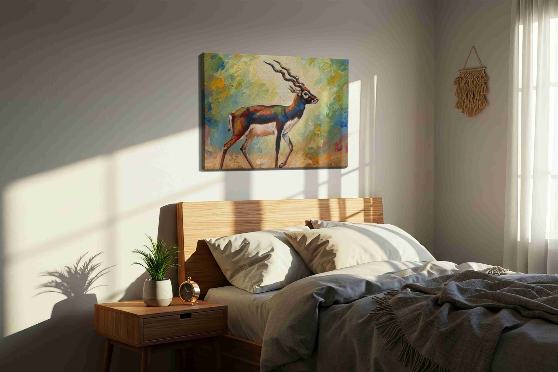 Graceful Prance of the Antelope animals canvas print, displayed in a bedroom