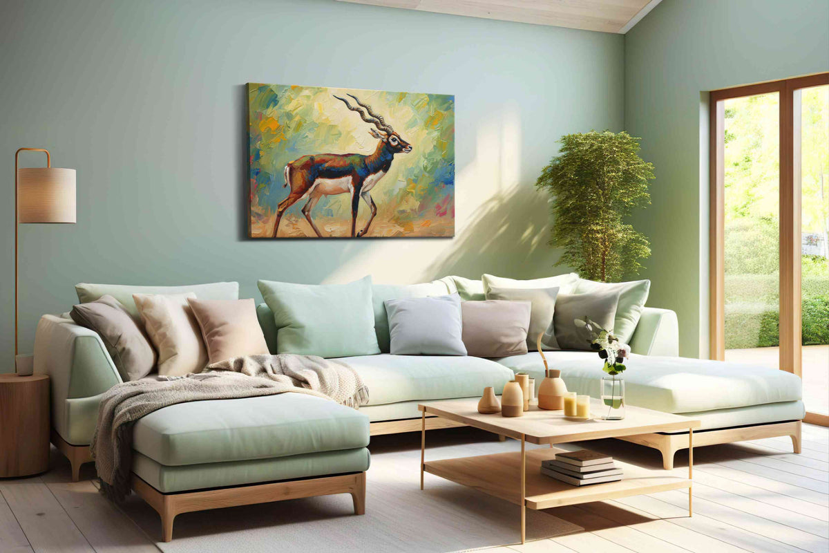 Graceful Prance of the Antelope animals canvas print shown in a wall scene