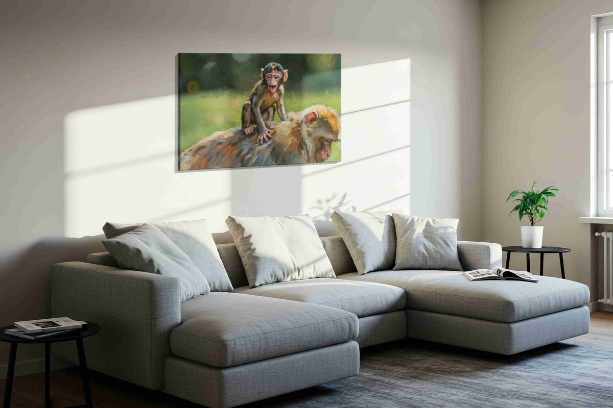 Joyful Jungle Ride animals canvas print, displayed in a living room