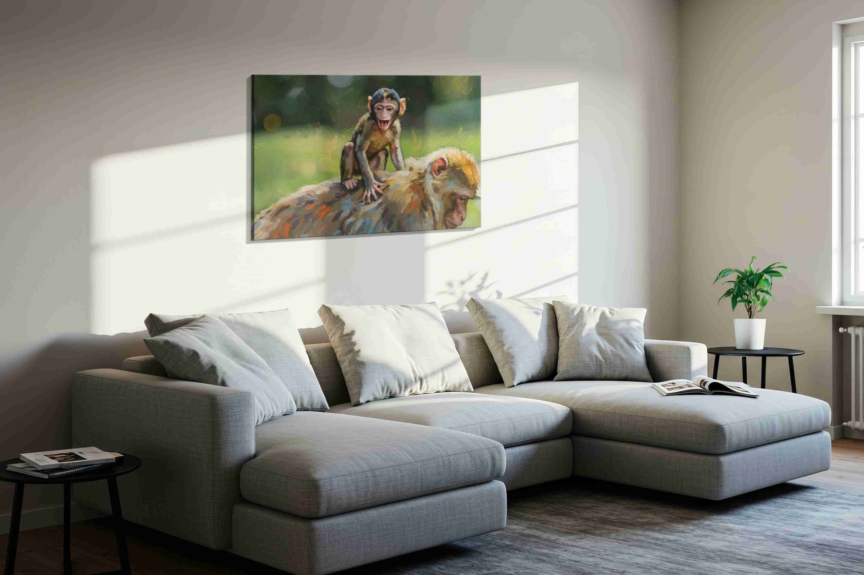 Joyful Jungle Ride animals canvas print, displayed in a living room