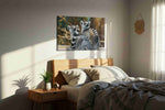 Lemur Companions' Gaze animals canvas print, displayed in a bedroom