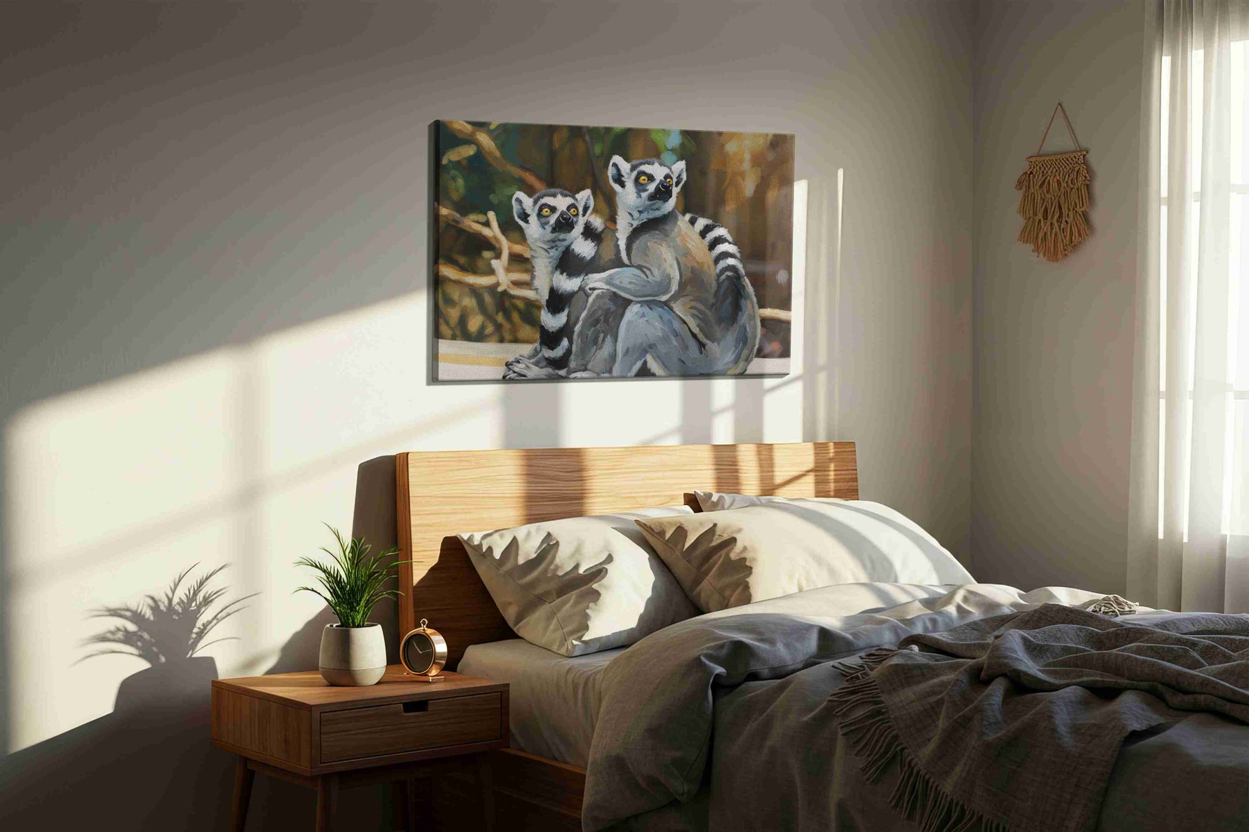 Lemur Companions' Gaze animals canvas print, displayed in a bedroom