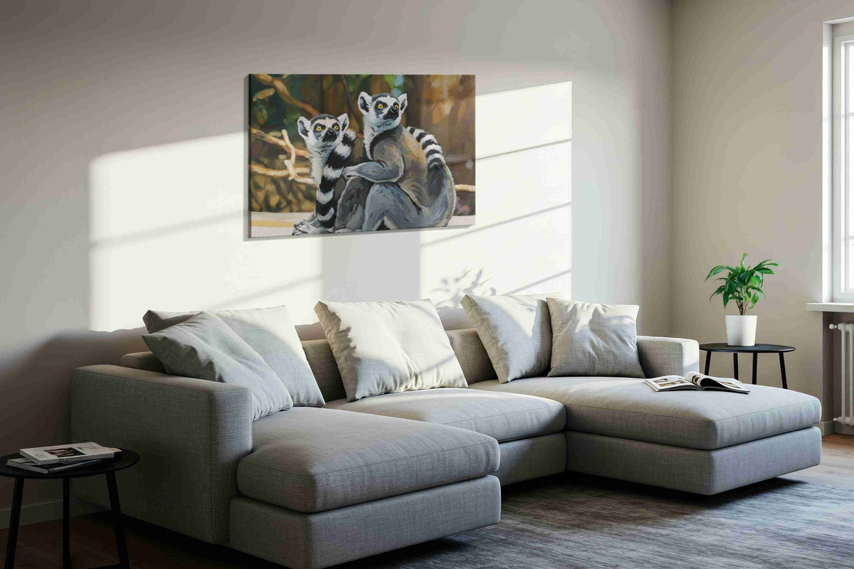 Lemur Companions' Gaze animals canvas print, displayed in a living room