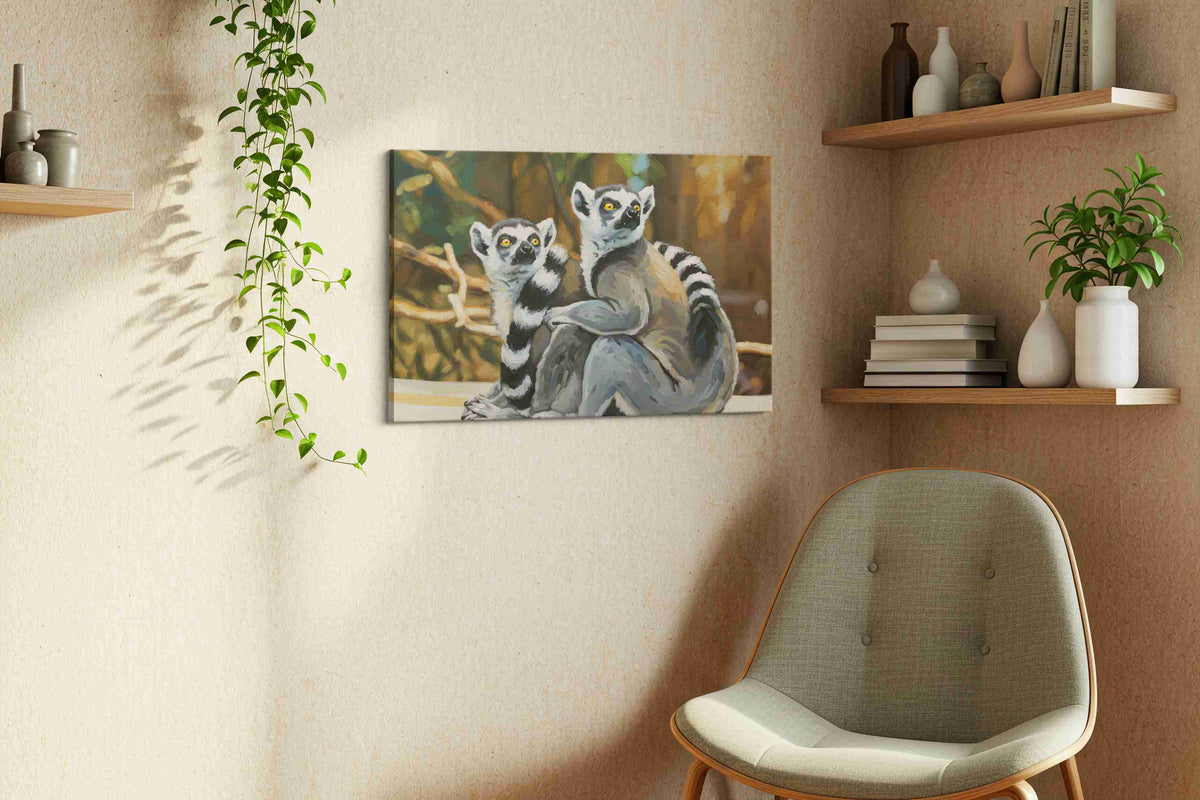 Lemur Companions' Gaze animals canvas print styled in a living room