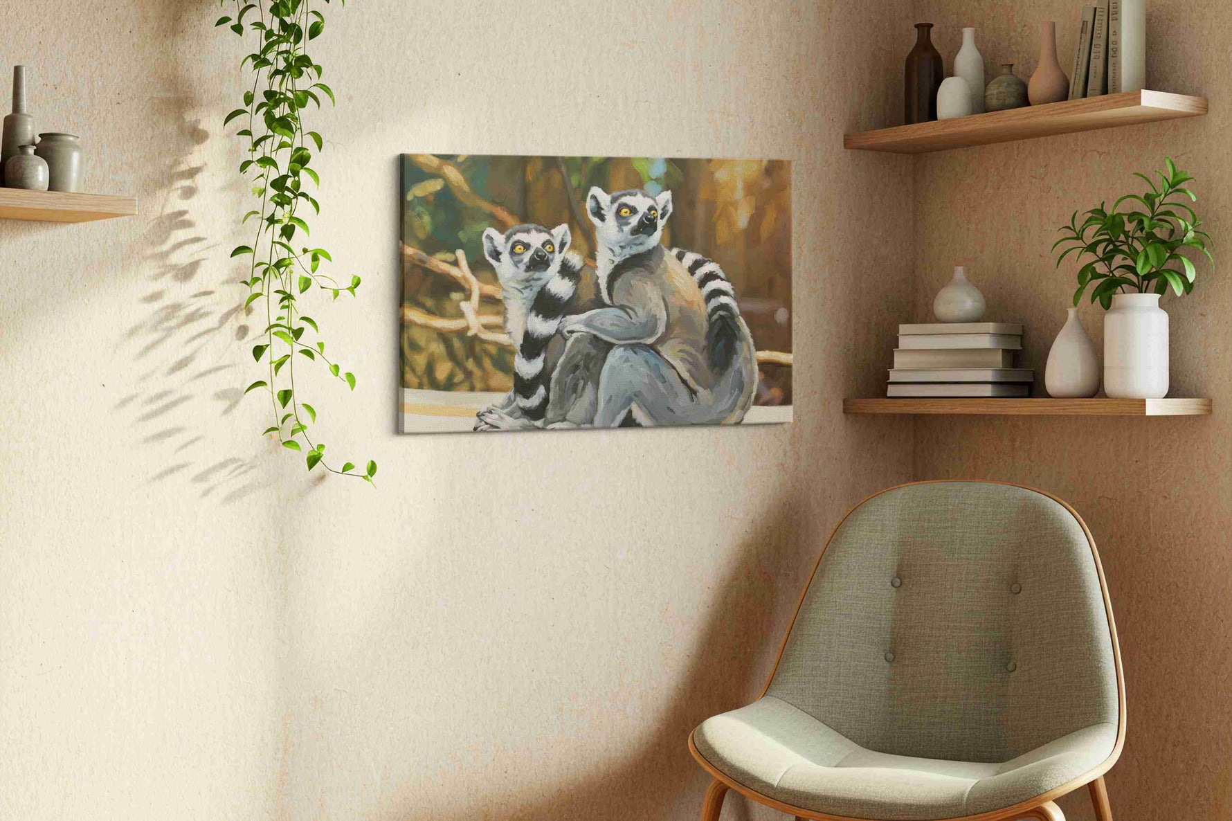 Lemur Companions' Gaze animals canvas print styled in a living room
